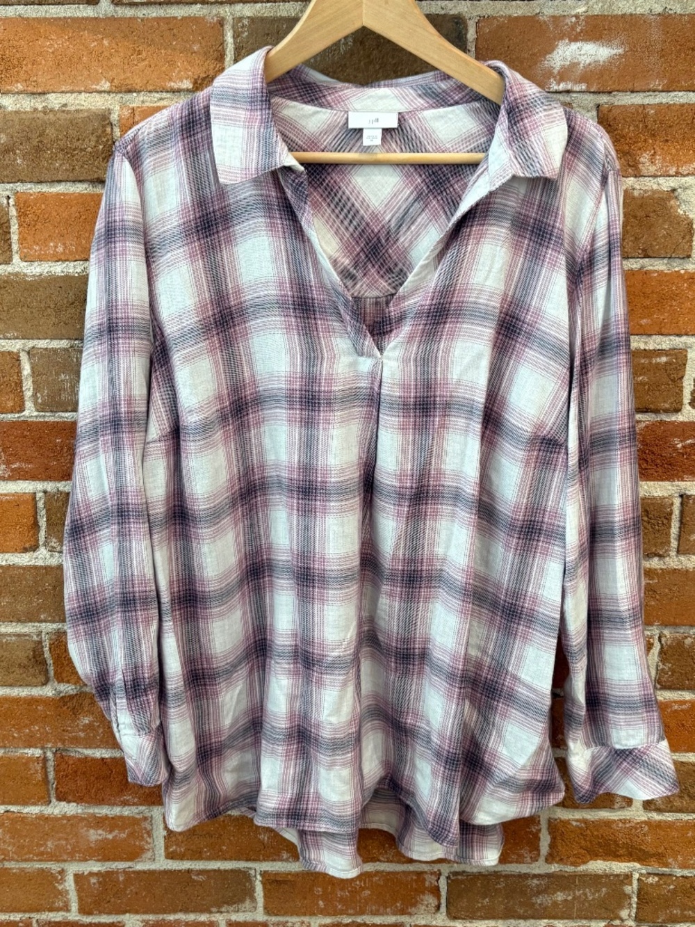 J.Jill Plaid Tunic Top V-Neck Long Sleeve Purple / White  Lightweight Flannel XL